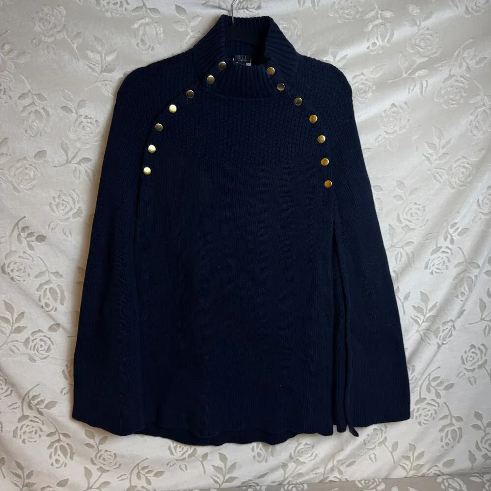 G.I.L.I. Got It Love It Sweater Cape Poncho Gold Button Navy Blue Knit Size XS/S - Picture 3 of 11